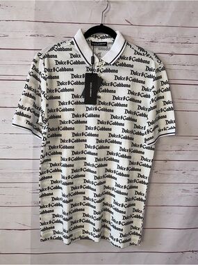 NWT DOLCE & GABBANA Men’s Size 50 Logo Print Polo Shirt White Black Cotton